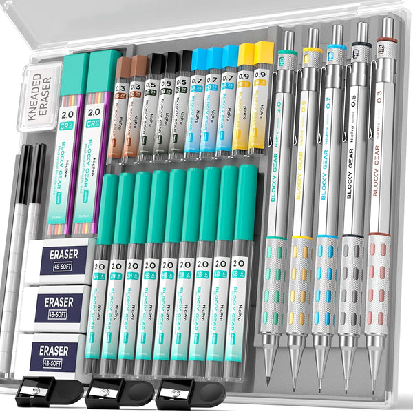 Nicpro 36PCS Blocky Gear Mechanical Pencil Set with Case, Metal Pencils for Art Drawing and Sketching