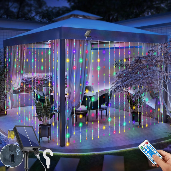 Solar Curtain Lights Outdoor 10 x 10Ft 300LED Waterproof Waterfall Light with