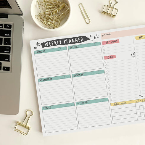 Weekly Planner Pad, 52 Letter Size Tear Off Sheets, 8.5” x 11” Undated Calendar Weekly Desk Planner Notepad