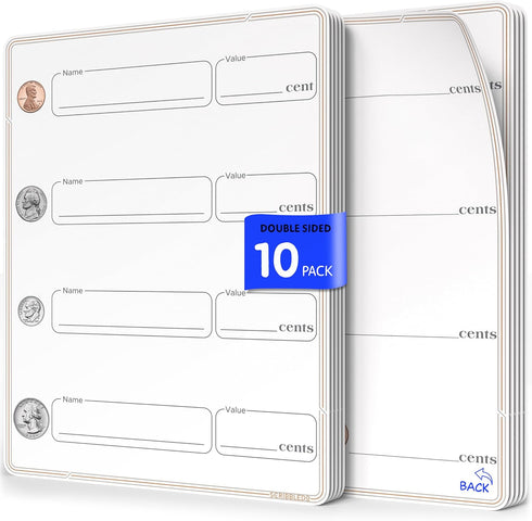 SCRIBBLEDO Coin Practice, 9”x12” Small White Board Dry Erase Sheets, Math Manipulatives for 2nd Grade Money Learning,