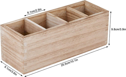 Wooden Pen Pencil Holder for Desk, 4 Compartment Rustic Rectangular Organizer, Multi-Purpose Use for Home School Office