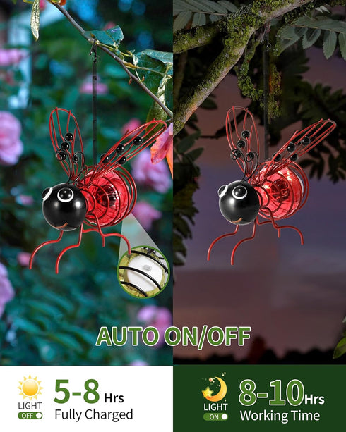 Solar-Powered Hanging Metal Ladybug Light Garden Decor | Lady bug Sculpture with Bouncy Springs | Summer Outdoor Art Decorations (Red) by iStatue