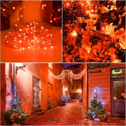 YAOZHOU Fall Outdoor Decor, 2 Pack Solar Orange Copper String Lights, 200 LED Waterproof for Porch and Garden