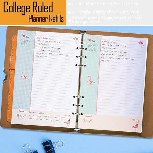 Rancco A6 Planner Refill Paper, 90 Page Colorful 5R Cornell Notes with Zipper Pouch & Binder Divider