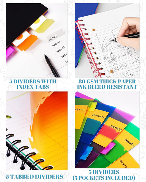 Spiral Notebook, 5 Subject College Ruled with Dividers, Pocket Tabs, Ruler, 100 Sheets, 200 Pages, 8.5''x11'' Lime
