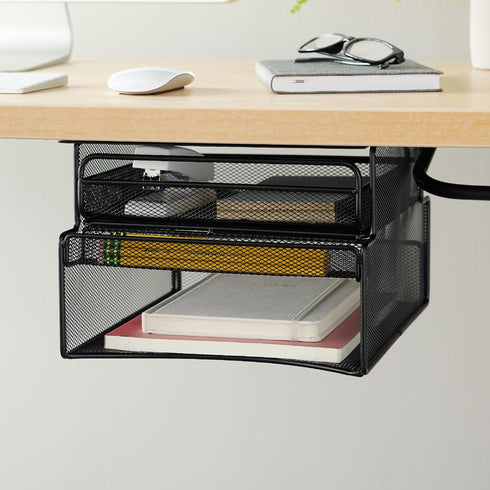 Safco Products Onyx Mesh Deluxe Under Desk Hanging File Organizer, Black, Steel, 2 Compartments