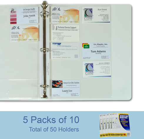 C-Line Business Card Holder Pages, Poly Without Tabs, 20 Cards/Page, 11 x 9 Inches, 5 Packs of 10 (61217-5)