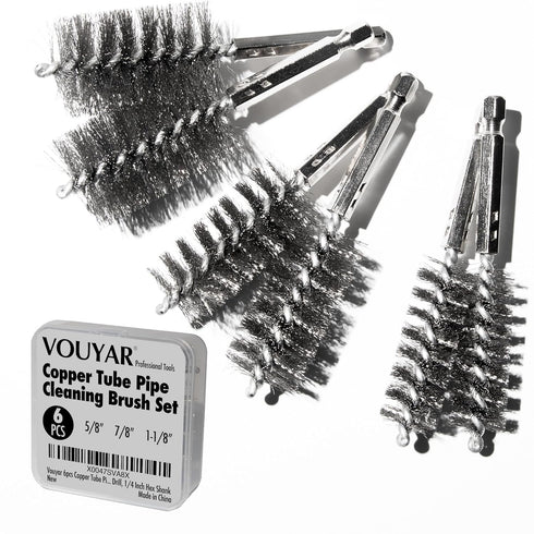 6pcs Copper Tube Pipe Cleaner Set, 1/2” 3/4” 1” Pipe Cleaning Brushes for Power Drill, 1/4 Inch Hex Shank