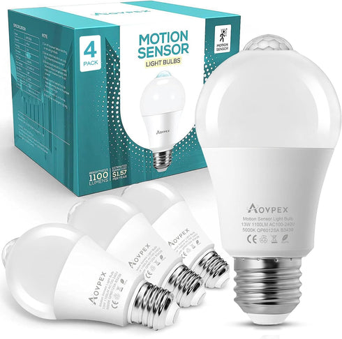 Motion Sensor Light Bulbs, 13W(100W Equivalent), A19 E26, 5000K Cool White, Dusk to Dawn Sensor, 4 Pack