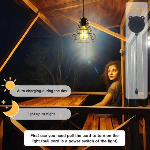 Solar Pendant Lights, Solar Powered Shed Light with Pull Cord and Remote for Outdoor Indoor, Solar Chandelier, Gazebo