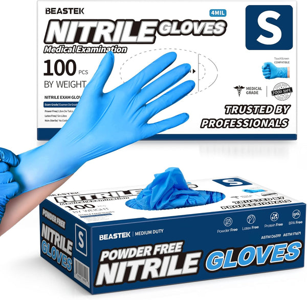 Medical Nitrile Exam Gloves, Powder-Free Latex-Free Non-Sterile Food Safe, 4 mil, Disposable Glove, 100 Pcs