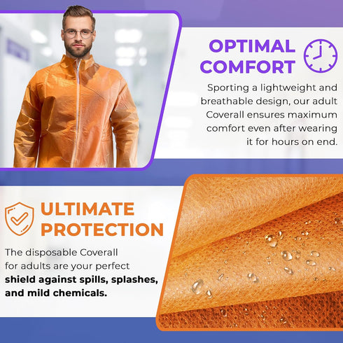 4X-Large, 5 Pack, 40 AMZ Medical Supply Disposable Coveralls Orange, Lightweight GSM PP+PE, Front Zipper, Open Wrists