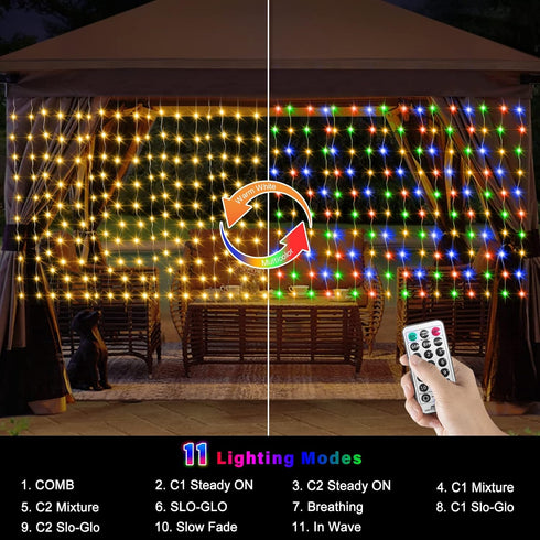 20Ft3Ft, 300 ZAIYW Curtain Lights Outdoor LED Color Changing Fence String Lights with Plug Remote, Waterproof Light