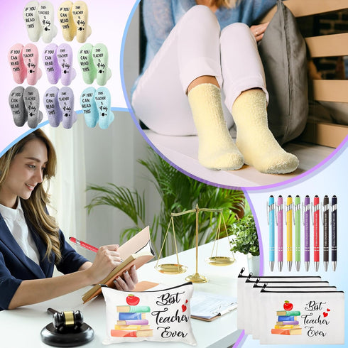 Fulmoon 40 Pcs Teacher Appreciation Gift Set - Novelty Casual Socks, Makeup Bag, Keychain, Mini Notebooks, Ballpoint