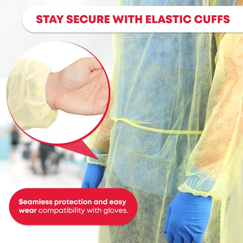 Ever Ready First Aid Isolation Gown, Fluid Resistant, Yellow, Pack of 10 with Elastic Wrists