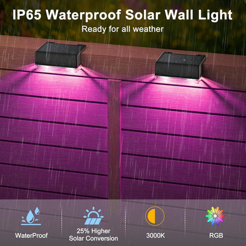 8 IP65 4 Pack Ellasay Solar Fence Lights Outdoor: Lighting Modes with RGB Solar Powered Deck Light - Waterproof - Wall