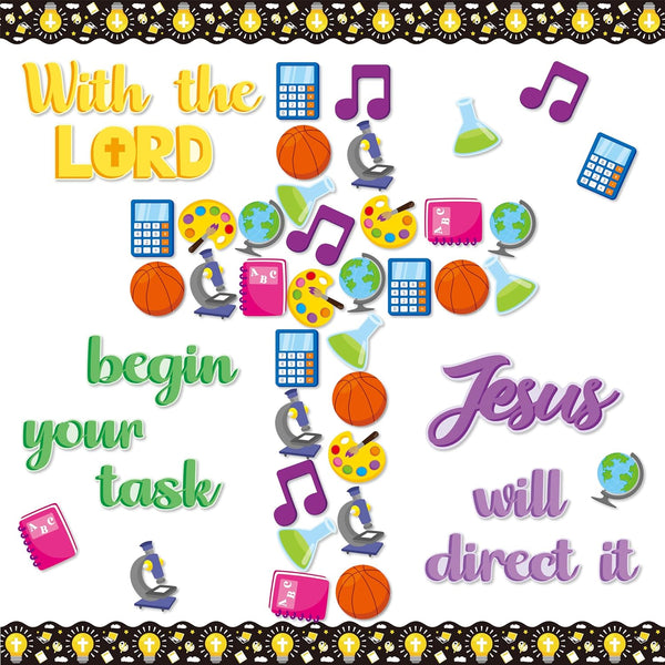 BeYumi Christian Bulletin Board - 88Pcs Back to School Decor with Jesus Cross Cutouts, Faith Border Trim