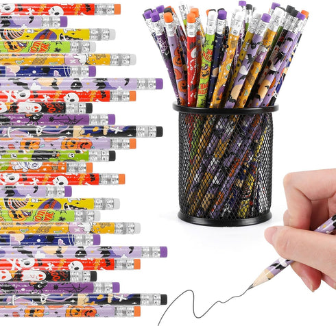CCINEE 48 Pack Halloween Pencils for Kids, Assorted Design Bulk Pencils with Erasers for Halloween Party Supplies