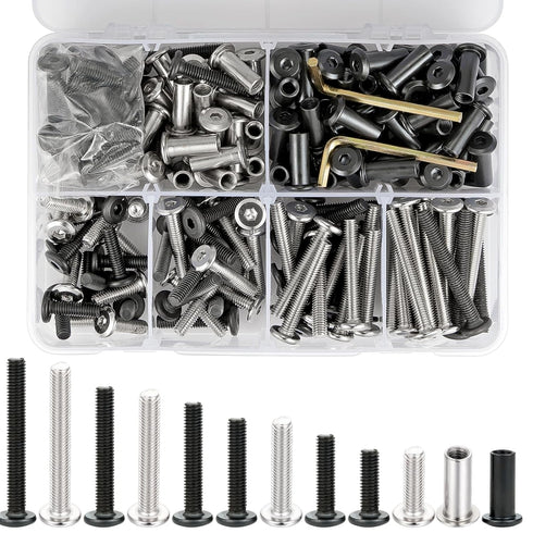 100 Sets M6 Bolts and Barrel Nuts Kit, Mixed Silver and Black Steel Hex Metric Screws for Cabinet Stability