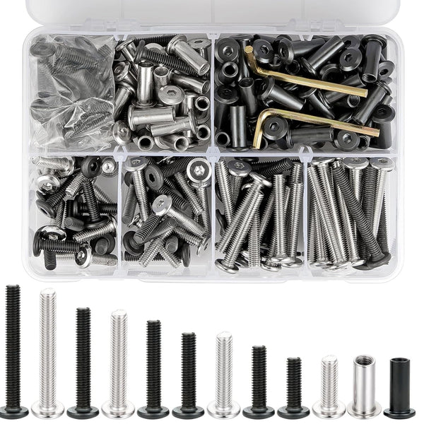 100 Sets M6 Bolts and Barrel Nuts Kit, Mixed Silver and Black Steel Hex Metric Screws for Cabinet Stability