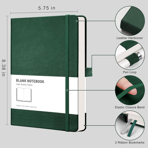 RETTACY Blank Journal Notebook 2-Pack - A5 Sketch Book with 192 Pages per Pack, for Sketching, Drawing, 68 LB/100 GSM Acid-free Paper, Leather Hardcover, Inner Pocket, 5.7'' × 8.3'' (Black & Green) by RETTACY