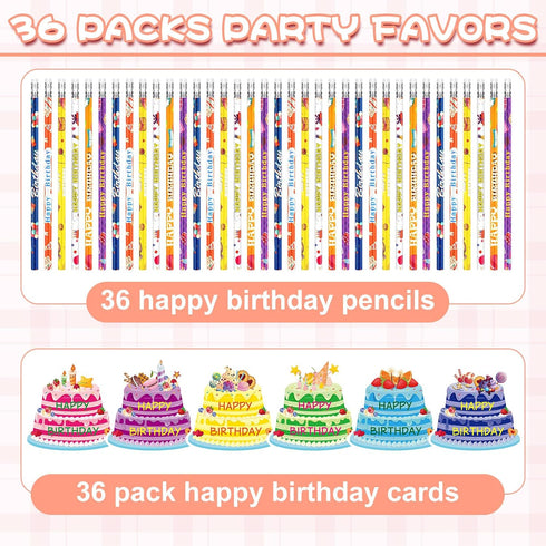 Panelee 72 Pcs Happy Birthday Pencils and Greeting Cards Set Colorful Printed Birthday Pencils Bulk Birthday Certificates Happy Birthday Pencils with Top Erasers Birthday Cake Cutouts for Kids Party