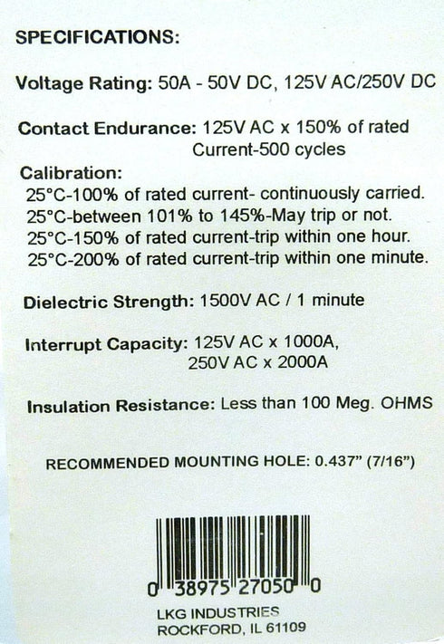 Philmore 50A Push Button Manual Reset Thermal Circuit Breaker 50V DC, 125V AC