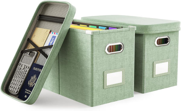 Oterri Hanging Filing File Box with Lid, Collapsible Document Organizer Box for Letter Size, 2 PCS, Green
