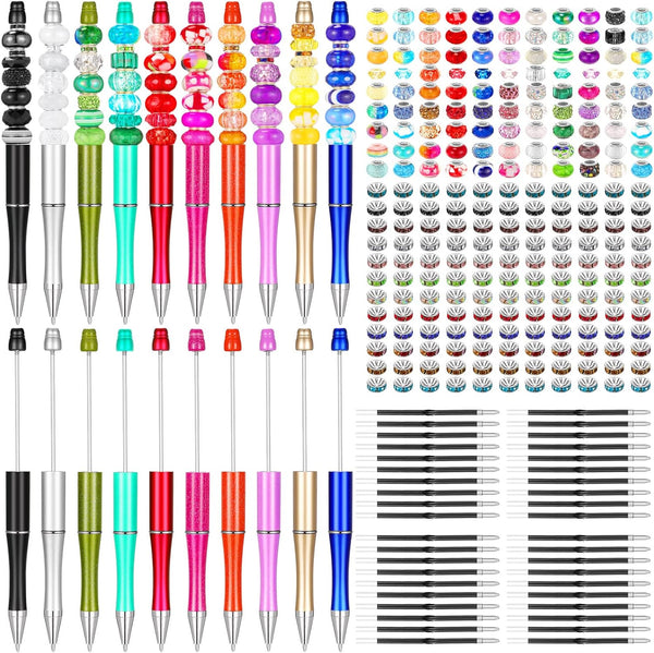 Geyee 300 Pcs Plastic Beadable Pen Set, 20 Bead Ballpoint Pen, 40 Extra Refill, DIY Bead Pen for Back to School Supplies