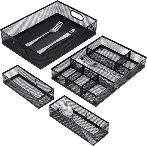 Desk Drawer Organizer with 6 Adjustable Dividers, Metal Pen Organizer for Office Supplies (Pack 4, Black)