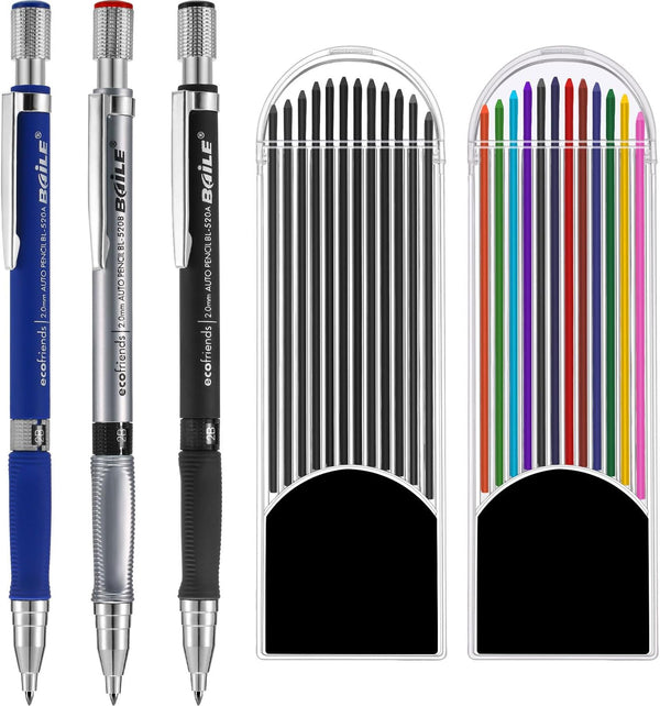 JOVITEC 3 Pieces 2.0 mm Mechanical Pencil with Color and Black Cases - Refills for Students & Teachers, Draft Drawing