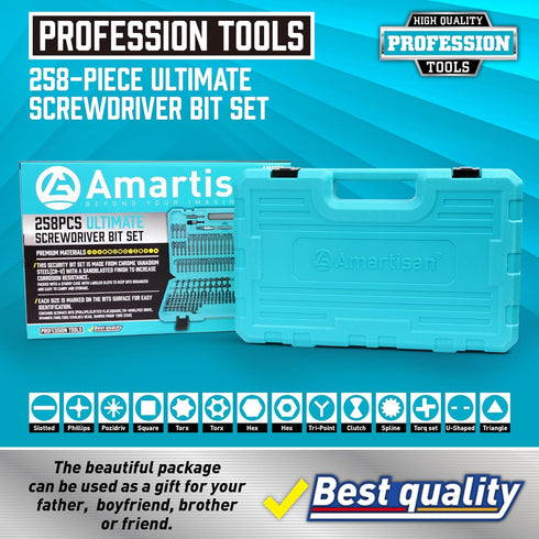 258-Piece Set,Chrome Set, set, Amartisan Ultimate Screwdriver Bit Vanadium Steel Driver Bit Security bit Includes Bits