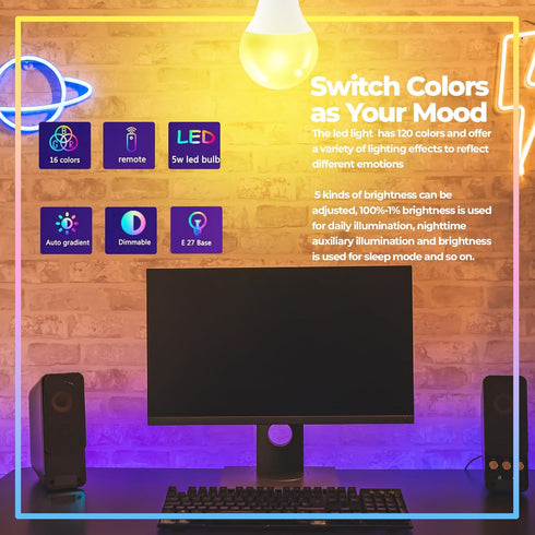 Dimmable E26 Warm LED Light Bulb, 6W RGBW Color 500LM, 16 Color Changing Modes, Remote Control, 2 Pack
