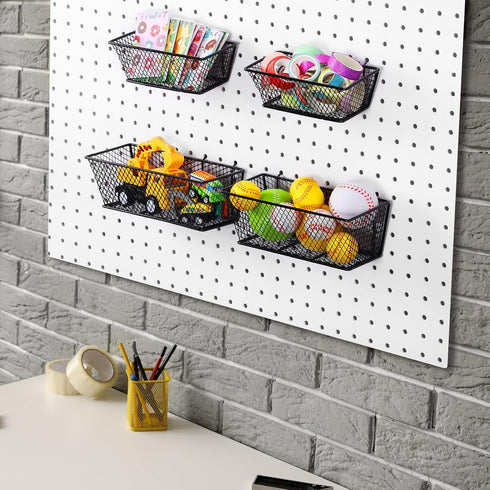 Sieral 4 Pcs Metal Wire Shelf Baskets, Black Pegboard Organizer Attachments for Garage Workbench, 2 Sizes