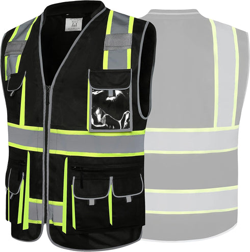 JKSafety Hi-Vis Zipper Front Black Safety Vest, 10 Pockets, Cushioned Collar, Meets ANSI/ISEA Standards