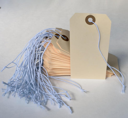 Tags with Elastic String Attached - #5 Manila Paper Label Tags, 4 3/4" x 2 3/8", Box of 200 with Elastic Loop