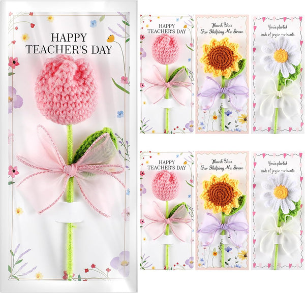 Frienda 6 Set Teacher Appreciation Gifts Crochet Flowers with Greeting Cards and
