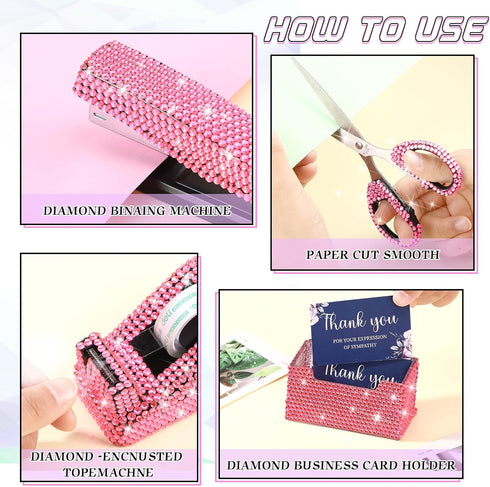 Demissle 6 Pcs Bling Office Desk Accessories Set, Crystal School Stationery Kit, Pink