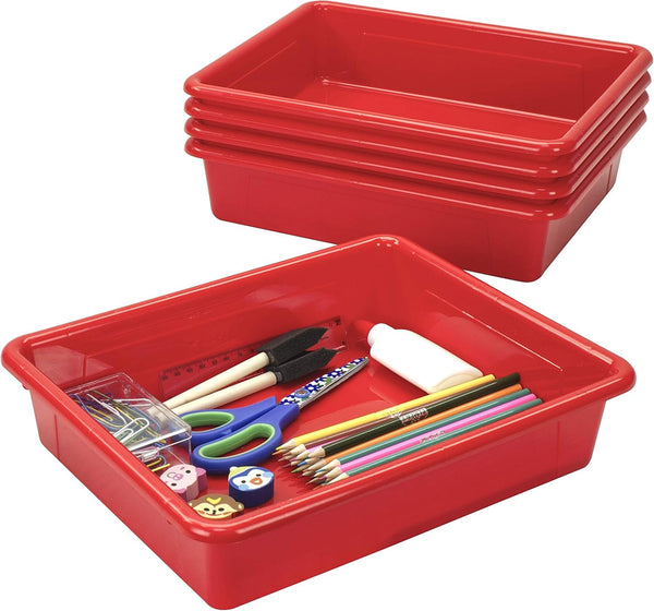 Storex Letter Size Flat Storage Tray – Organizer Bin for Classroom, Office and Home, Red, 5-Pack