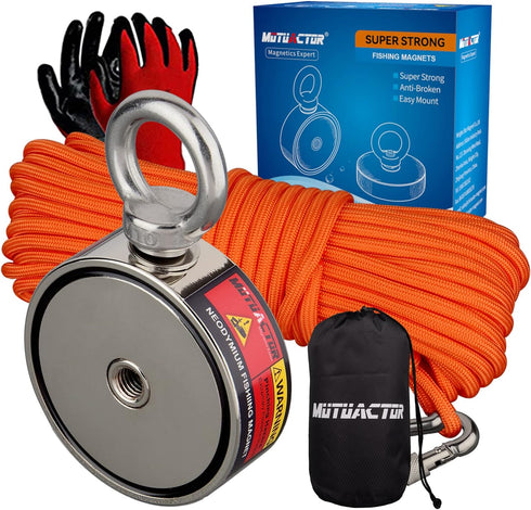 MUTUACTOR Neodymium Fishing Magnet, Double Sided 1100lbs Heavy Duty with 65Ft Rope and Waterproof Bag