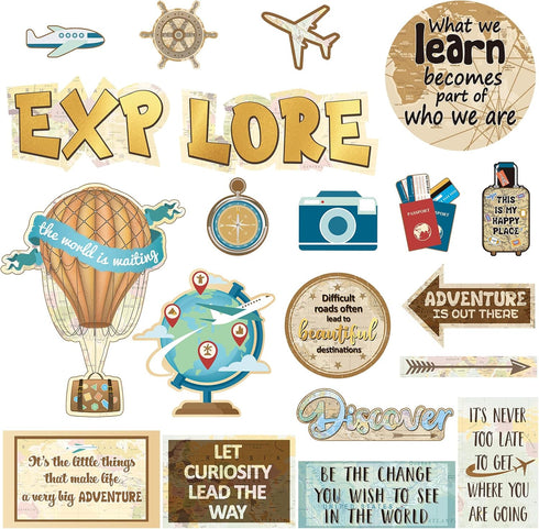 Supervitae 27 Pieces Travel Cutouts Bulletin Board Set, Travel Theme Classroom Decor for Kids School