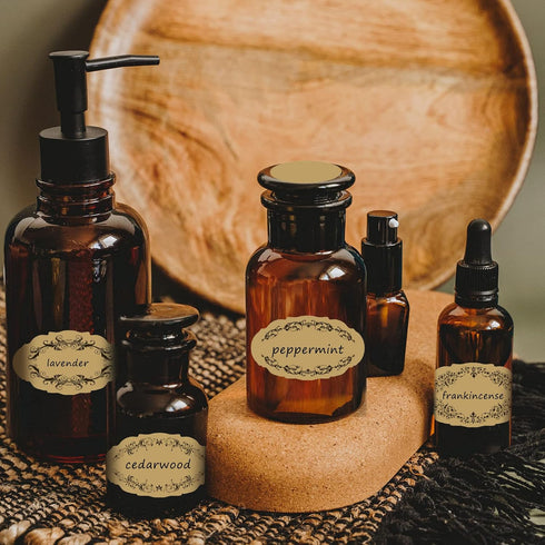 Pajean 10 Sheet Apothecary Oval Oil Bottle Labels - Weatherproof Vintage Kraft Look with Round Cap Stickers for Bottles