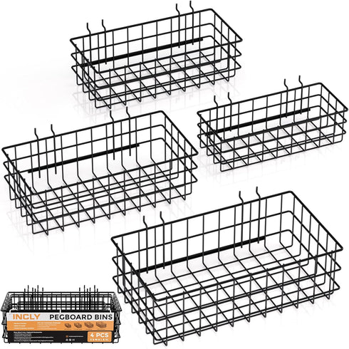 INCLY 4 Pack Pegboard Baskets Bins Set, Square Style Black Metal Wire Basket for Peg Board Organizing Tools