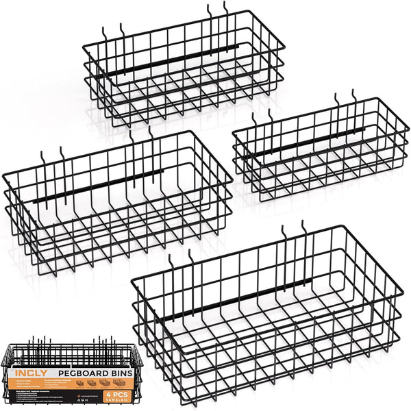 INCLY 4 Pack Pegboard Baskets Bins Set, Square Style Black Metal Wire Basket for Peg Board Organizing Tools