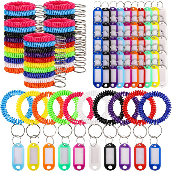 Ohlove 50Pcs Wristband Keychain Coil with 50Pcs Key Tag Labels, Colorful Spring Spiral Key Rings