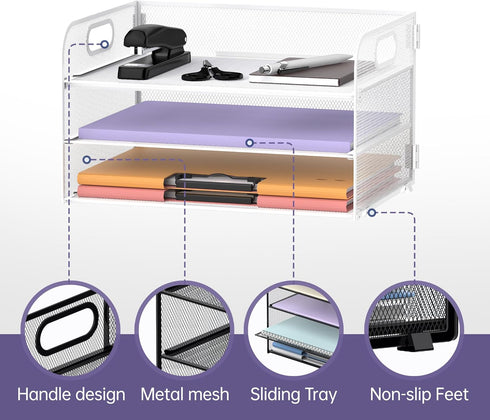 SUPEASY 3 Tier White Paper Organizer with Handle, Mesh Desk Letter Tray, File Organizer