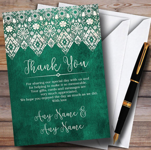 The Card Zoo Teal Green Old Paper & Lace Effect Personalized Wedding Thank You Cards
