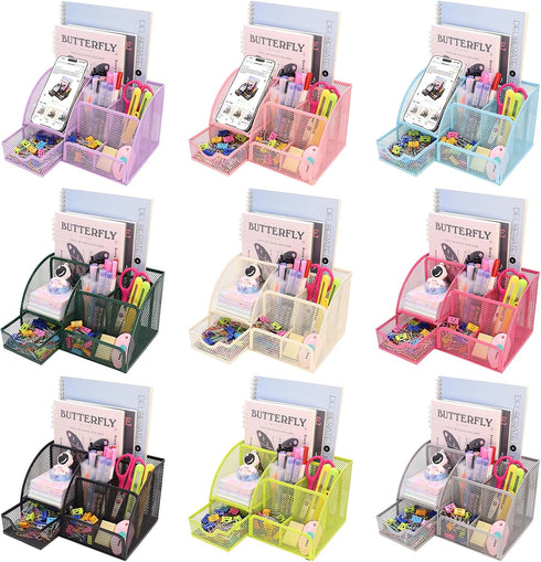 Mesh Desk Organizer with 6 Compartments and 1 Drawer, Multi-Functional Caddy for Office, Home, School Decor (Black)