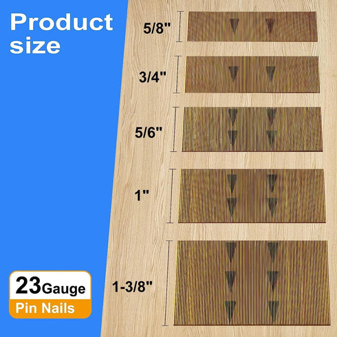 23 Gauge Pinner Nails, Assorted 5 Sizes (5/8", 3/4", 5/6", 1", 1-3/8") for 23 GA Pneumatic or Electric Pinner, Project