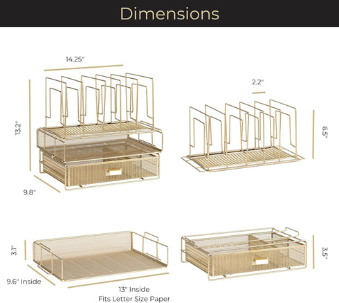 Gold Desk Organizer, Gold Office Accessories Set for Women, Includes Detachable File Organizer, Stackable Paper Tray,